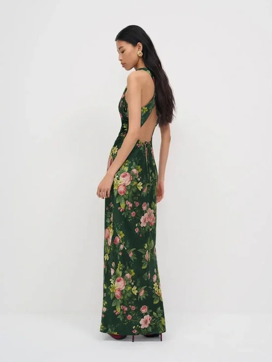 new Reformation Anaiis Silk Dress maxi gown high neck cut in Belvedere floral - Picture 3 of 10